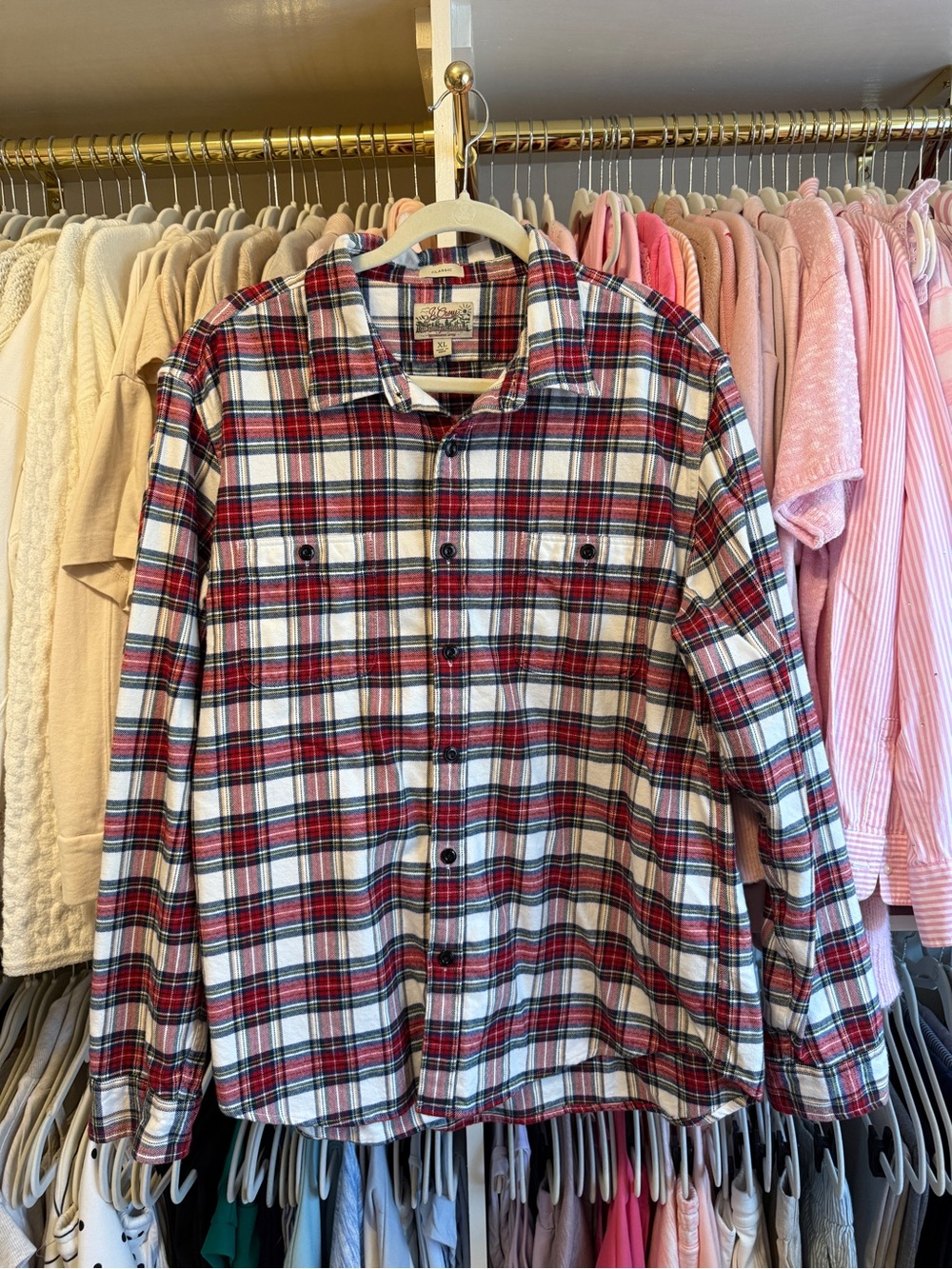 J. Crew Red and White Plaid Casual Flannel Button-Down Shirt